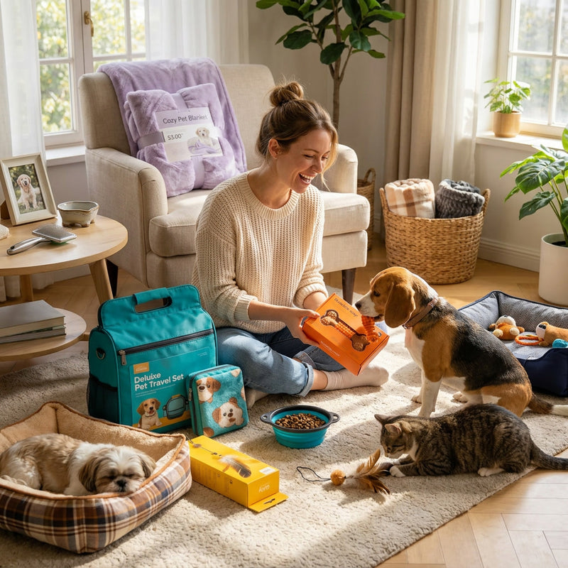 A happy pet owner with quality pet accessories